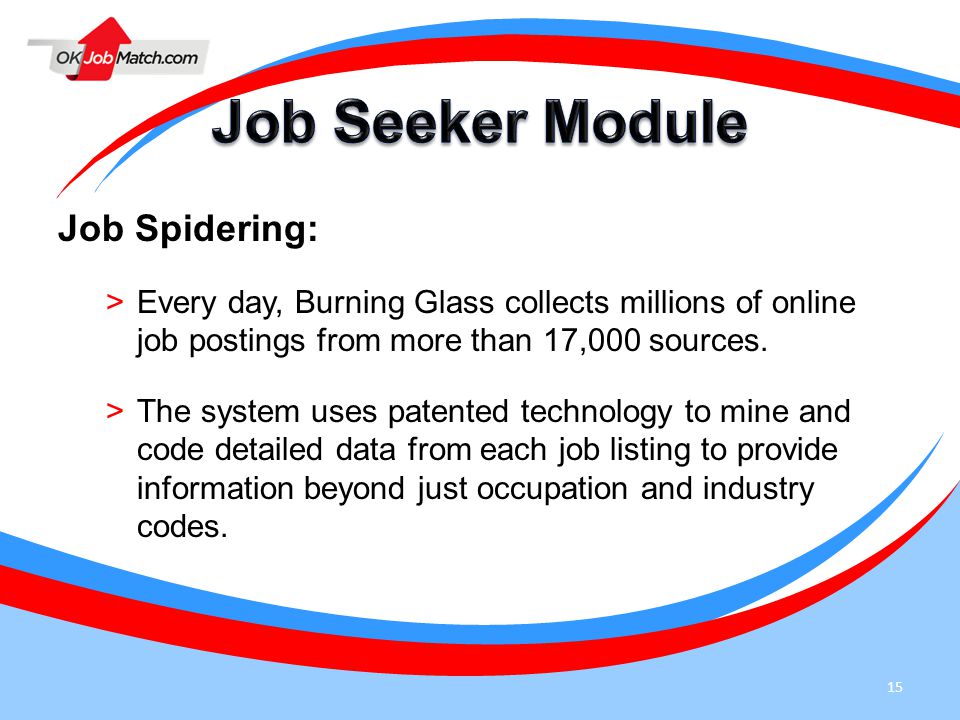 15 Job Spidering: >Every day, Burning Glass collects millions of online job postings from more than 17,000 sources.