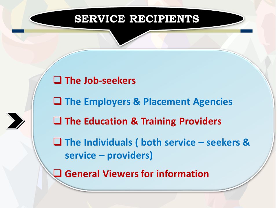 SERVICE RECIPIENTS  The Job-seekers  The Employers & Placement Agencies  The Education & Training Providers  The Individuals ( both service – seekers & service – providers)  General Viewers for information  The Job-seekers  The Employers & Placement Agencies  The Education & Training Providers  The Individuals ( both service – seekers & service – providers)  General Viewers for information
