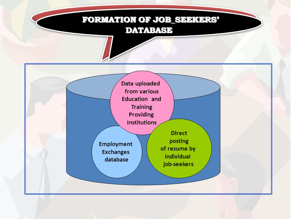 Employment Exchanges database Data uploaded from various Education and Training Providing Institutions posting of resume by individual job-seeker Direct posting of resume by individual job-seekers FORMATION OF JOB_SEEKERS’ DATABASE FORMATION OF JOB_SEEKERS’ DATABASE