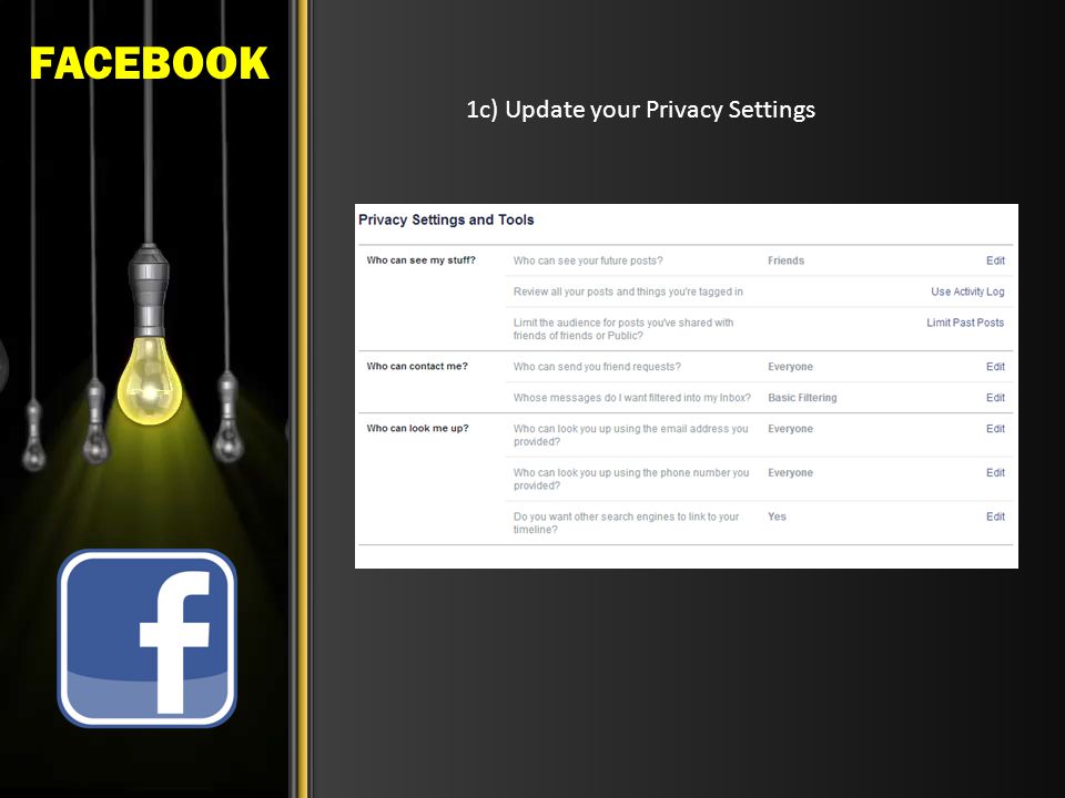 FACEBOOK 1c) Update your Privacy Settings