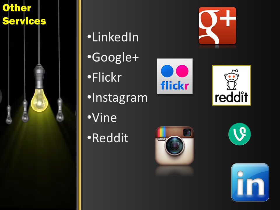 Other Services LinkedIn Google+ Flickr Instagram Vine Reddit