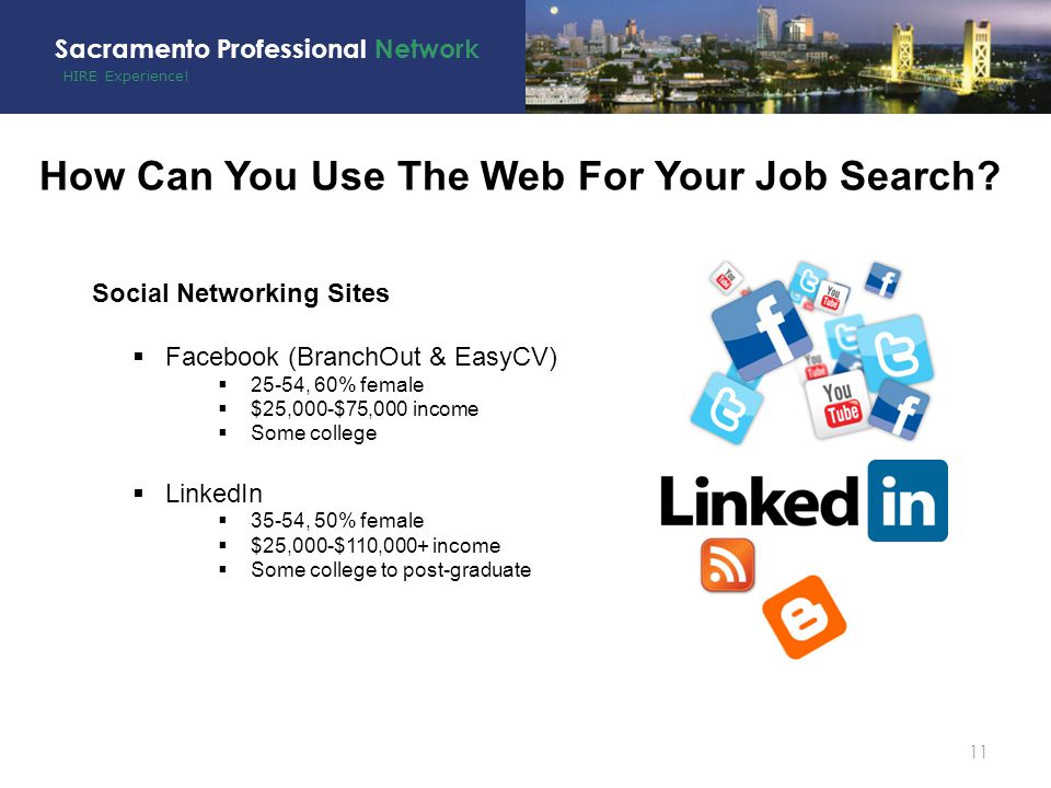 HIRE Experience. Sacramento Professional Network 11 How Can You Use The Web For Your Job Search.