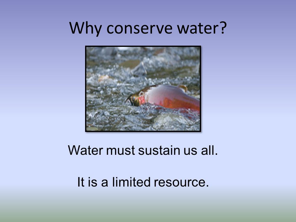 Why conserve water Water must sustain us all. It is a limited resource.
