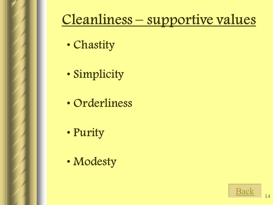14 Chastity Simplicity Orderliness Purity Modesty Cleanliness – supportive values Back