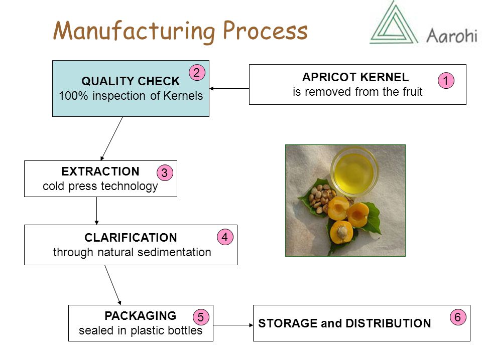 Manufacturing Process EXTRACTION cold press technology CLARIFICATION through natural sedimentation APRICOT KERNEL is removed from the fruit STORAGE and DISTRIBUTION PACKAGING sealed in plastic bottles QUALITY CHECK 100% inspection of Kernels