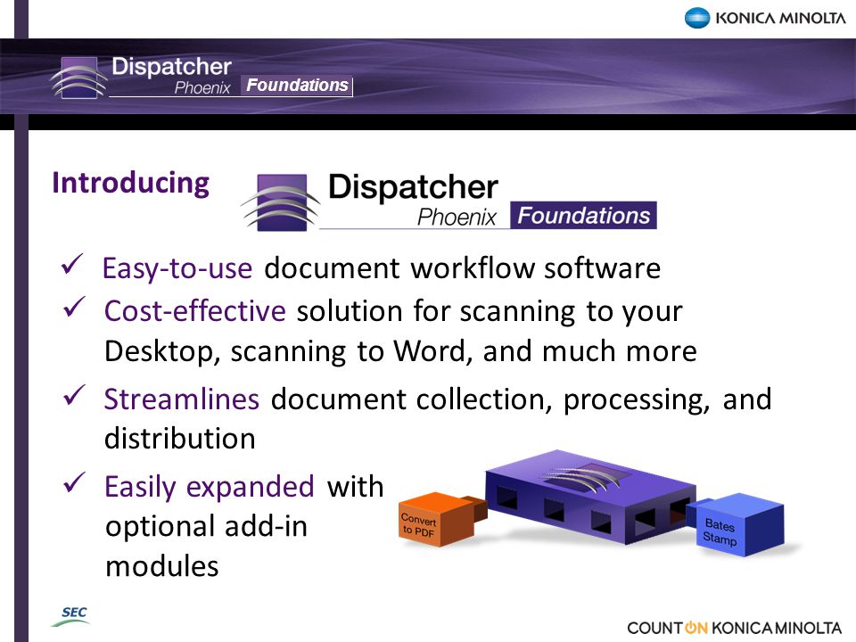 Foundations Cost-effective solution for scanning to your Desktop, scanning to Word, and much more Streamlines document collection, processing, and distribution Easily expanded with Introducing Easy-to-use document workflow software optional add-in modules