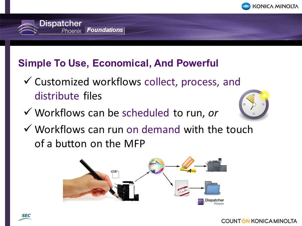 Foundations Customized workflows collect, process, and distribute files Workflows can be scheduled to run, or Workflows can run on demand with the touch of a button on the MFP Simple To Use, Economical, And Powerful