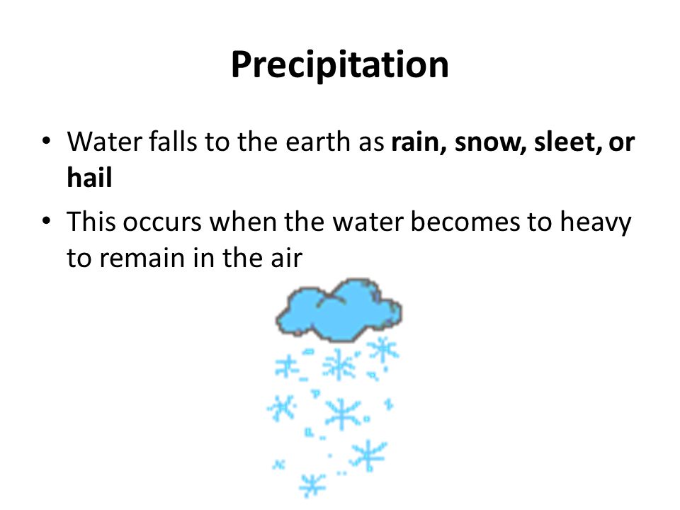 Precipitation Water falls to the earth as rain, snow, sleet, or hail This occurs when the water becomes to heavy to remain in the air