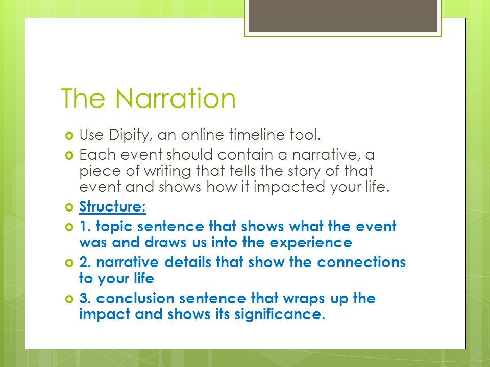 The Narration  Use Dipity, an online timeline tool.