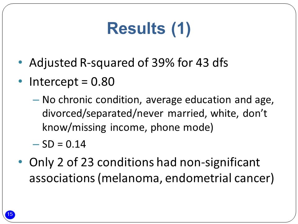 15 Results (1) Adjusted R-squared of 39% for 43 dfs Intercept = 0.80 – No chronic condition, average education and age, divorced/separated/never married, white, don’t know/missing income, phone mode) – SD = 0.14 Only 2 of 23 conditions had non-significant associations (melanoma, endometrial cancer)