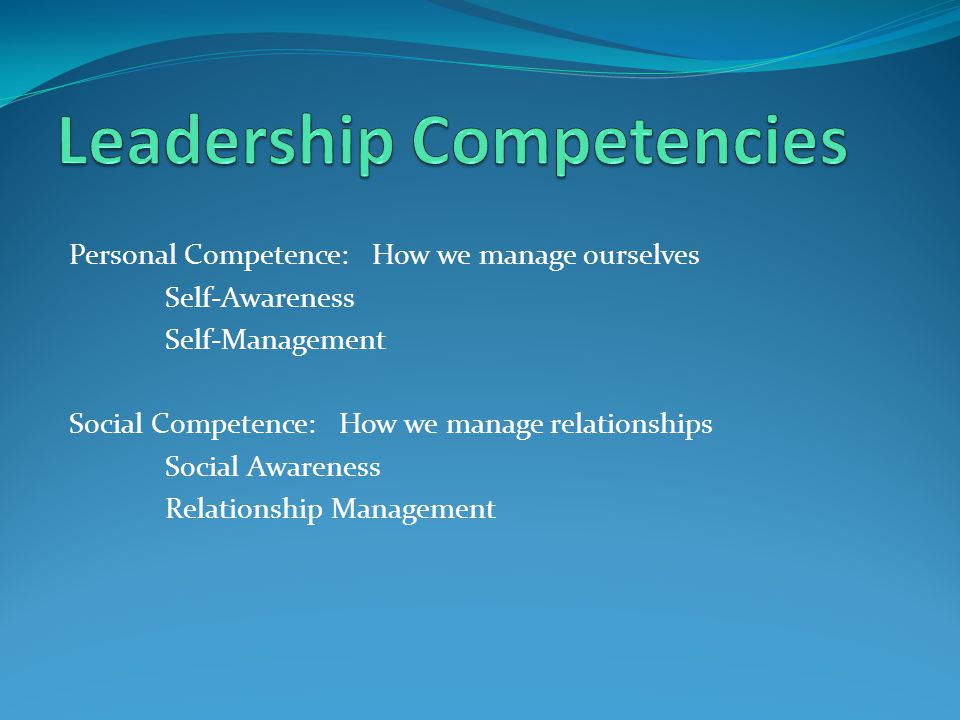 Personal Competence: How we manage ourselves Self-Awareness Self-Management Social Competence: How we manage relationships Social Awareness Relationship Management