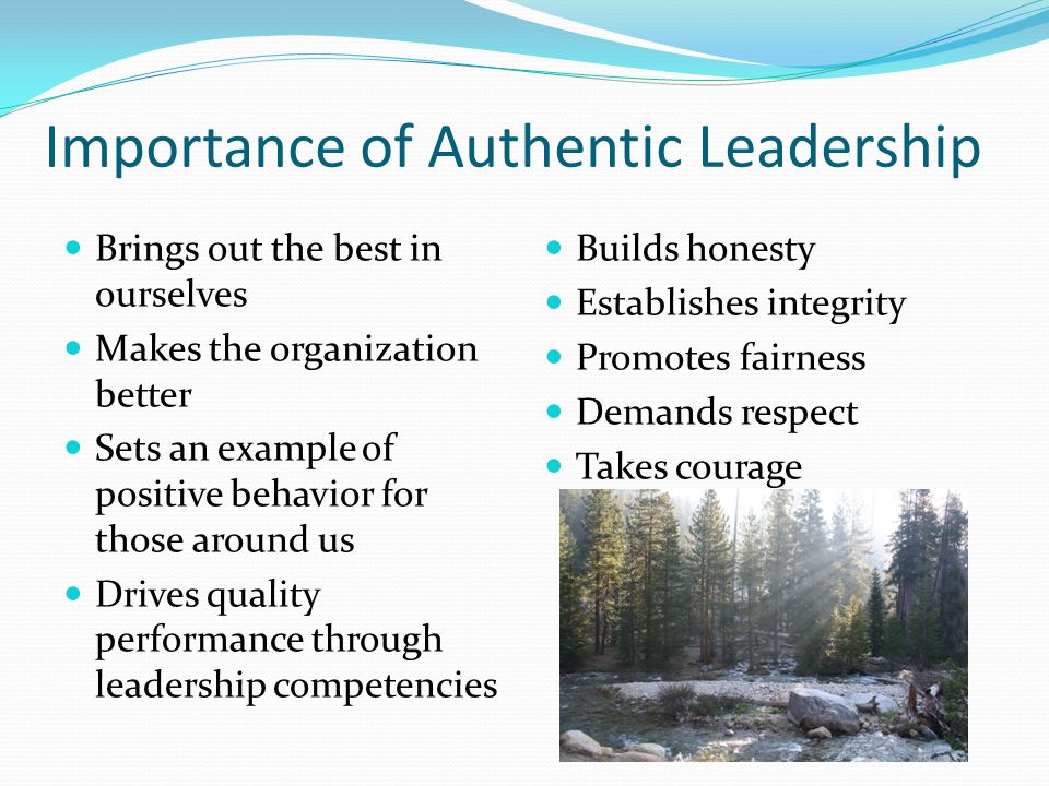 Importance of Authentic Leadership Brings out the best in ourselves Makes the organization better Sets an example of positive behavior for those around us Drives quality performance through leadership competencies Builds honesty Establishes integrity Promotes fairness Demands respect Takes courage