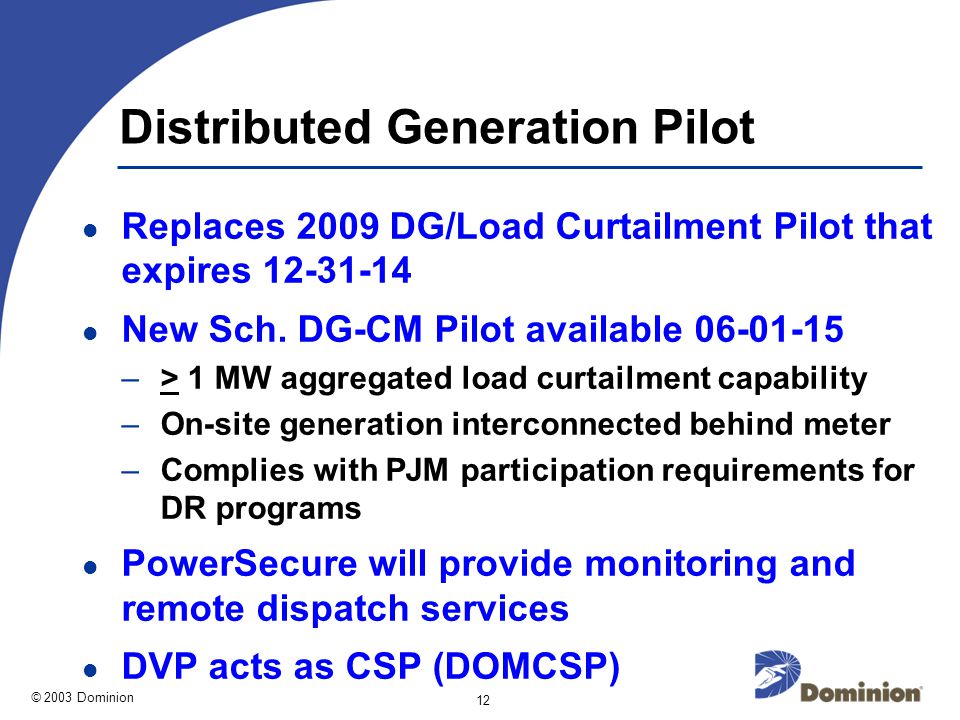 © 2003 Dominion 12 Distributed Generation Pilot Replaces 2009 DG/Load Curtailment Pilot that expires New Sch.