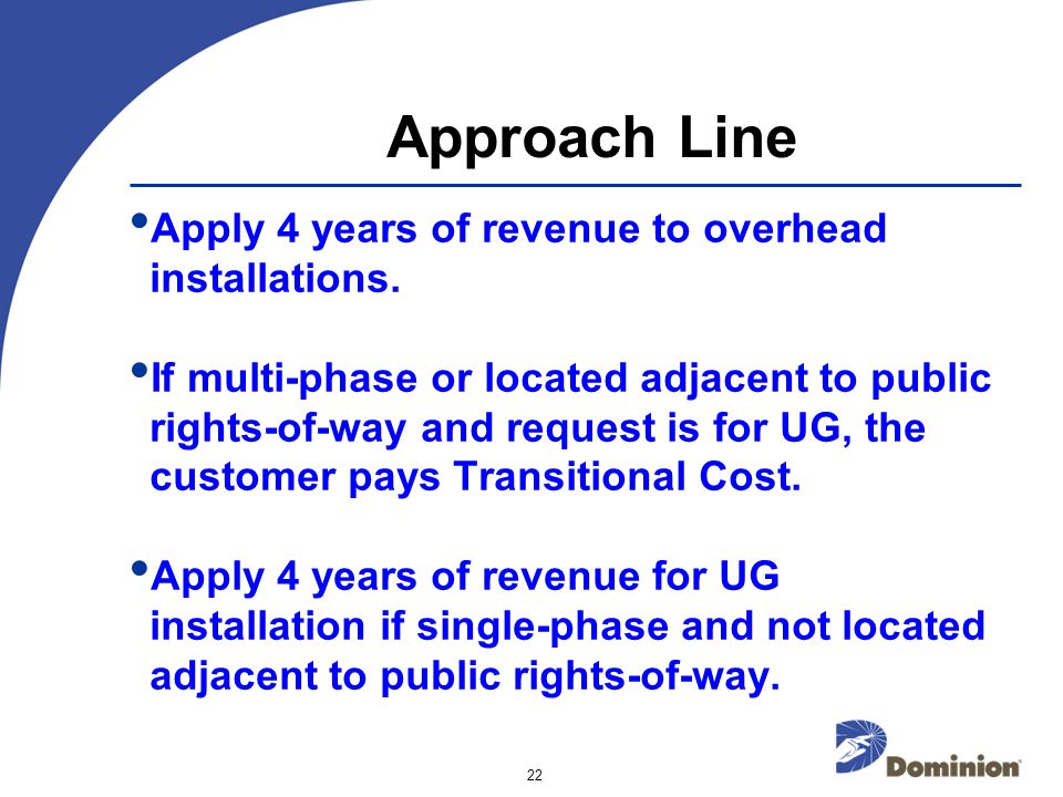 © 2003 Dominion 22 Approach Line Apply 4 years of revenue to overhead installations.