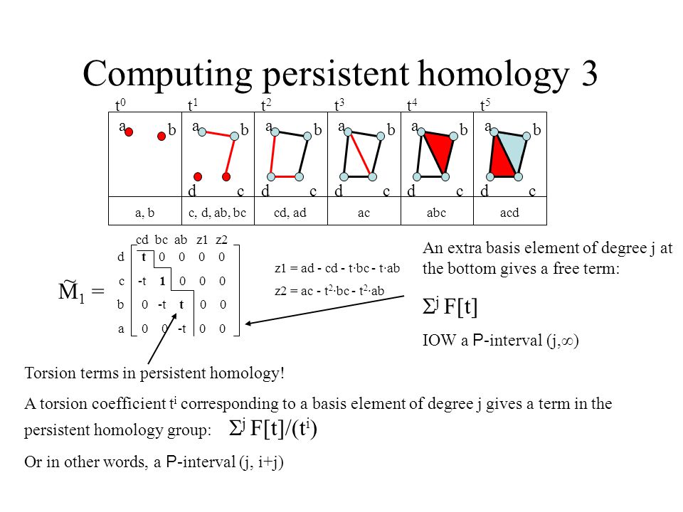 Computing persistent homology 3 a b a b cd a b cd a b cd a b cd a b cd a, bc, d, ab, bccd, adacabcacd t0t0 t1t1 t2t2 t3t3 t4t4 t5t5 t t t t t 0 0 M 1 = ~ dcbadcba cd bc ab z1 z2 z1 = ad - cd - t·bc - t·ab z2 = ac - t 2 ·bc - t 2 ·ab Torsion terms in persistent homology.