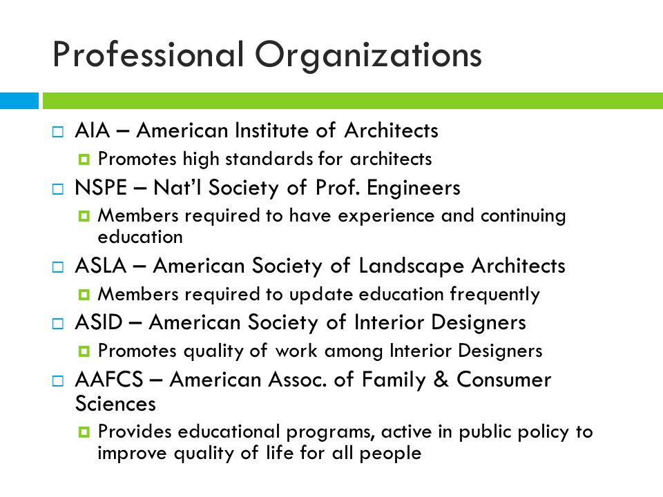 Professional Organizations  AIA – American Institute of Architects  Promotes high standards for architects  NSPE – Nat’l Society of Prof.