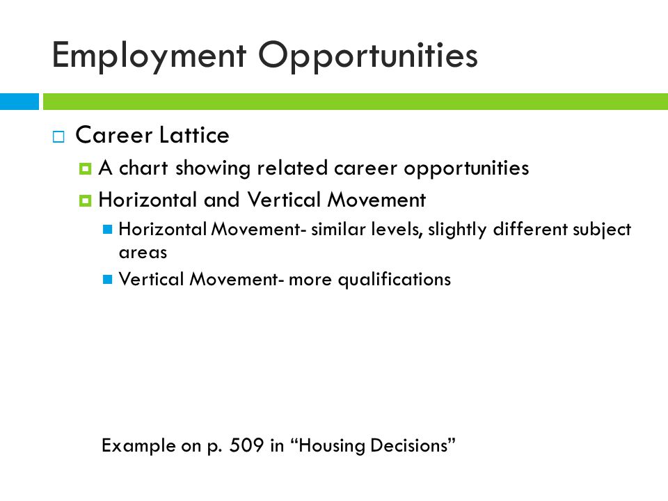 Employment Opportunities  Career Lattice  A chart showing related career opportunities  Horizontal and Vertical Movement Horizontal Movement- similar levels, slightly different subject areas Vertical Movement- more qualifications Example on p.
