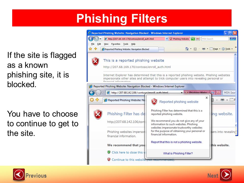 NextPrevious Phishing Filters If the site is flagged as a known phishing site, it is blocked.