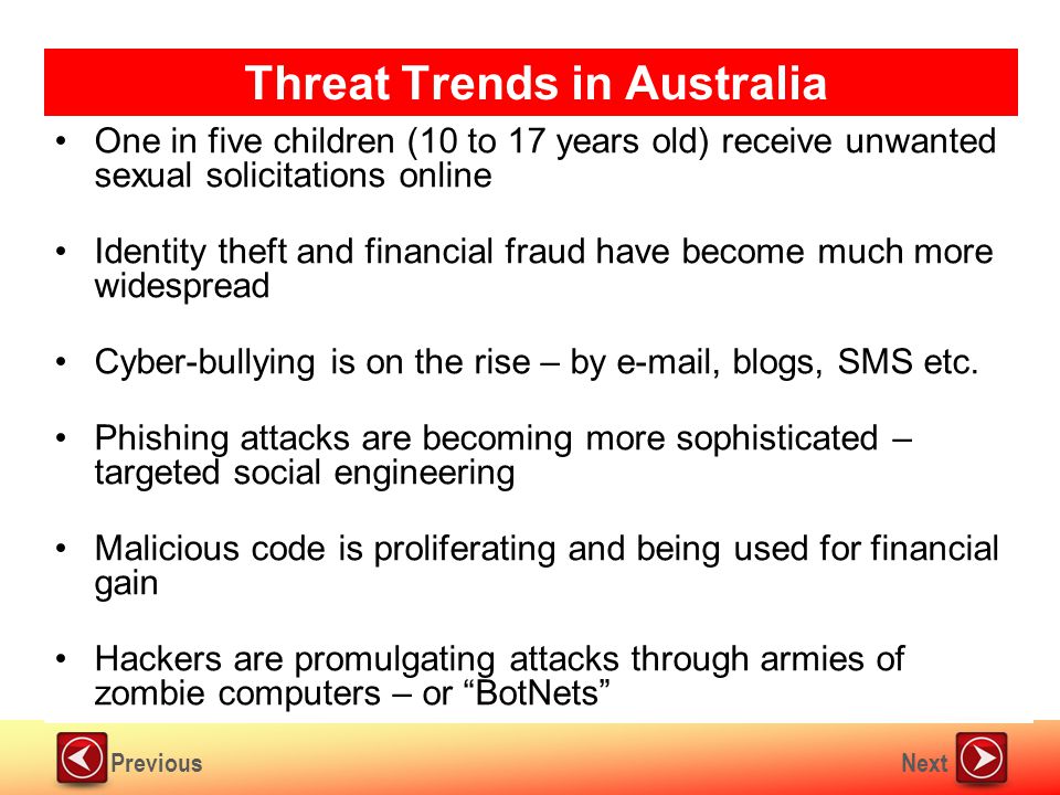 NextPrevious Threat Trends in Australia One in five children (10 to 17 years old) receive unwanted sexual solicitations online Identity theft and financial fraud have become much more widespread Cyber-bullying is on the rise – by  , blogs, SMS etc.