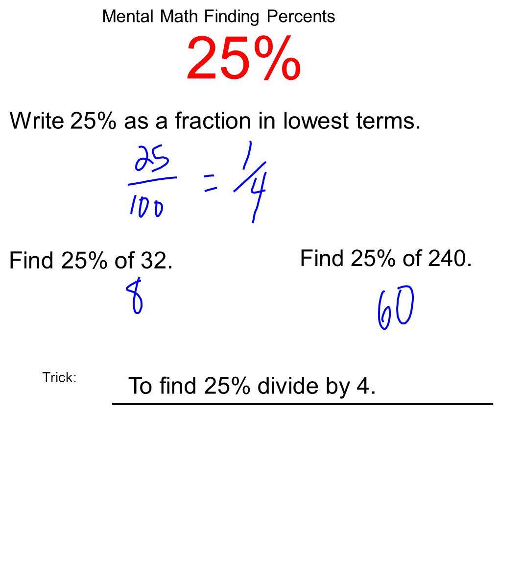Mental Math Finding Percents 25% Write 25% as a fraction in lowest terms.