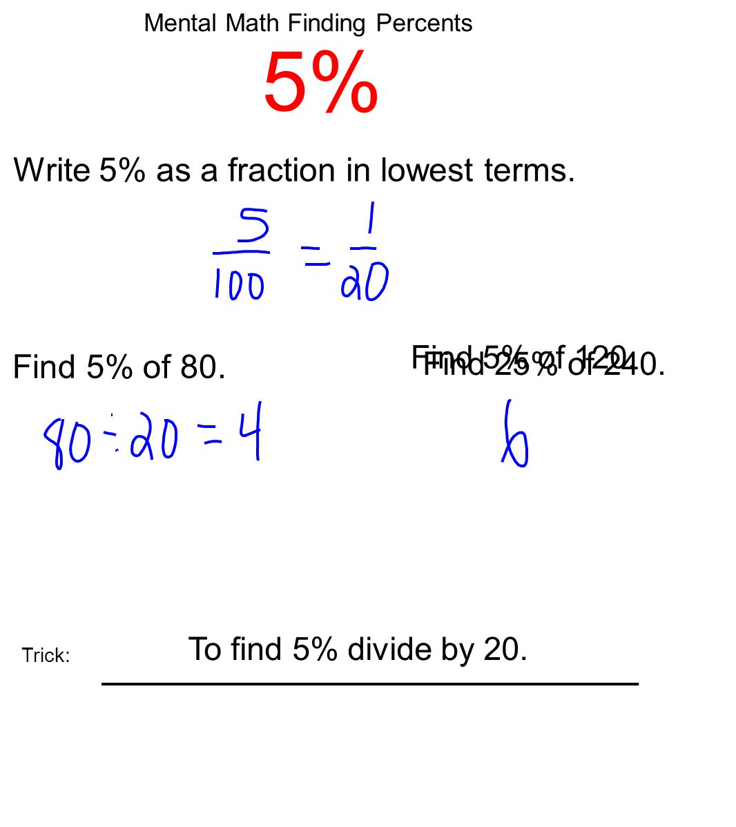Mental Math Finding Percents 5% Write 5% as a fraction in lowest terms.