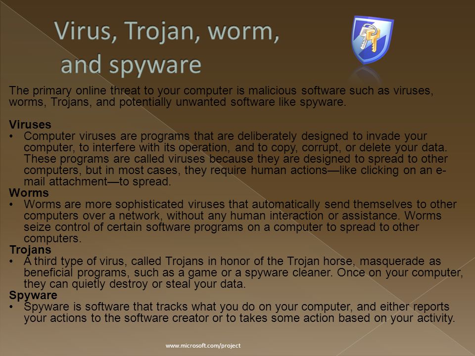 The primary online threat to your computer is malicious software such as viruses, worms, Trojans, and potentially unwanted software like spyware.