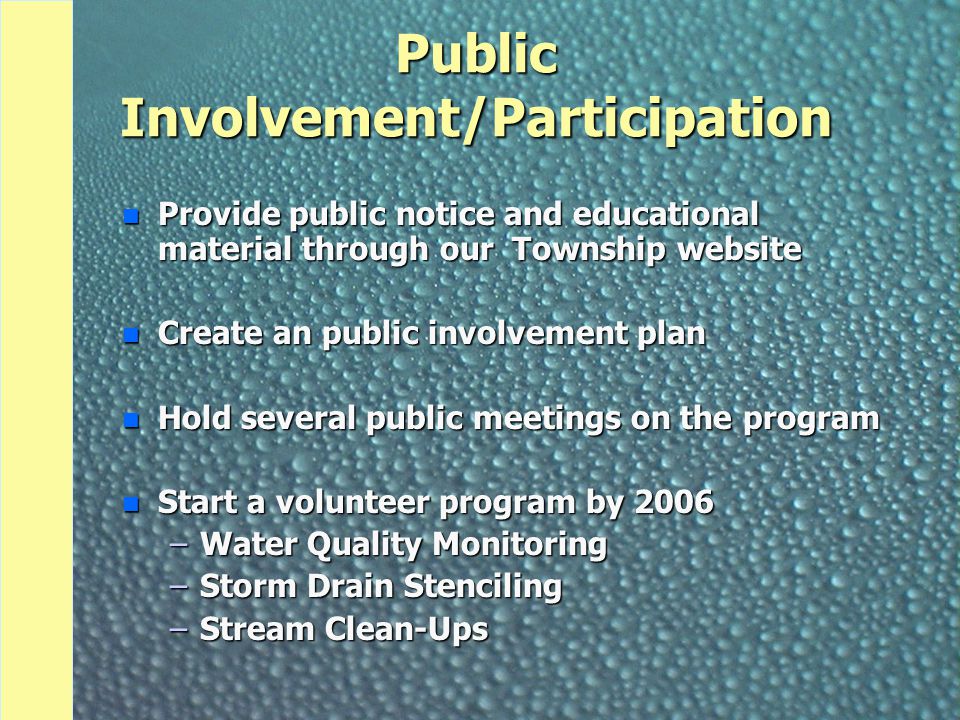 Public Involvement/Participation n Provide public notice and educational material through our Township website n Create an public involvement plan n Hold several public meetings on the program n Start a volunteer program by 2006 –Water Quality Monitoring –Storm Drain Stenciling –Stream Clean-Ups
