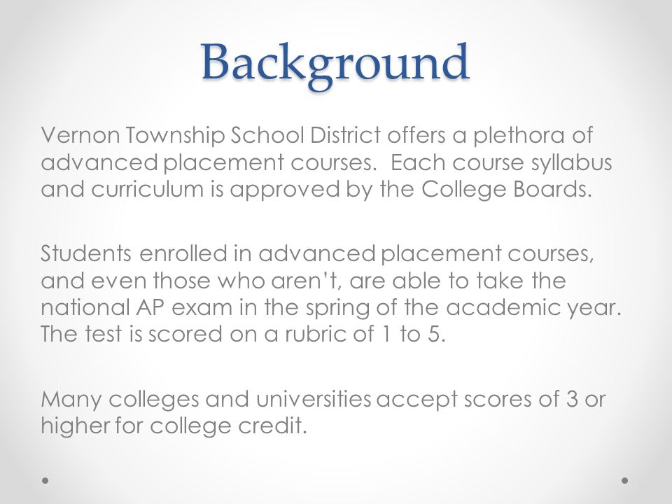 Background Vernon Township School District offers a plethora of advanced placement courses.