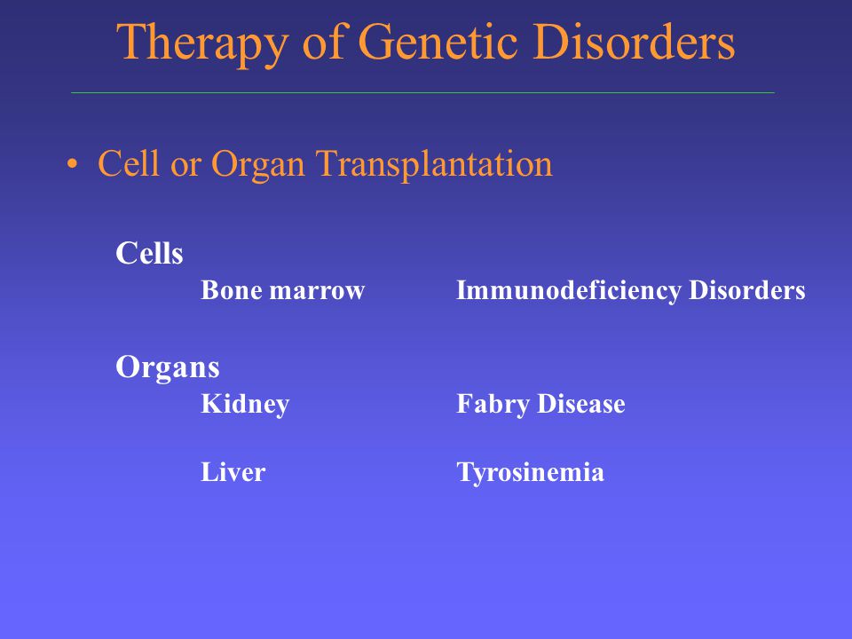 Therapy of Genetic Disorders Cell or Organ Transplantation Cells Bone marrowImmunodeficiency Disorders Organs KidneyFabry Disease LiverTyrosinemia