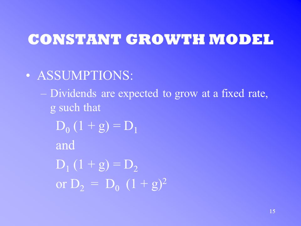 15 CONSTANT GROWTH MODEL ASSUMPTIONS: –Dividends are expected to grow at a fixed rate, g such that D 0 (1 + g) = D 1 and D 1 (1 + g) = D 2 or D 2 = D 0 (1 + g) 2