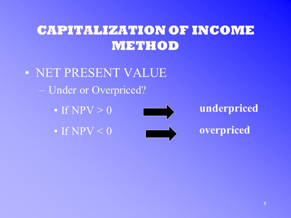 5 CAPITALIZATION OF INCOME METHOD NET PRESENT VALUE –Under or Overpriced.