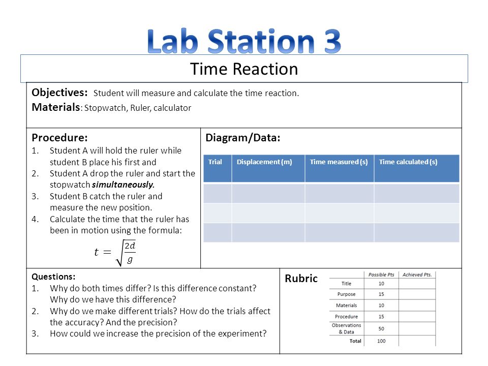 Time Reaction Objectives: Student will measure and calculate the time reaction.