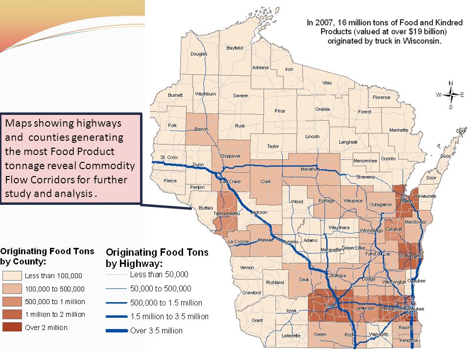 Maps showing highways and counties generating the most Food Product tonnage reveal Commodity Flow Corridors for further study and analysis.
