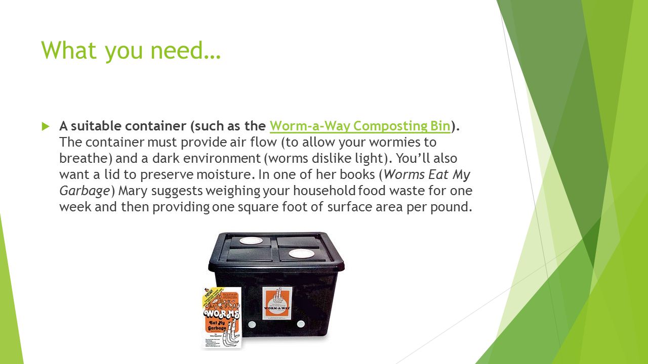 What you need…  A suitable container (such as the Worm-a-Way Composting Bin).