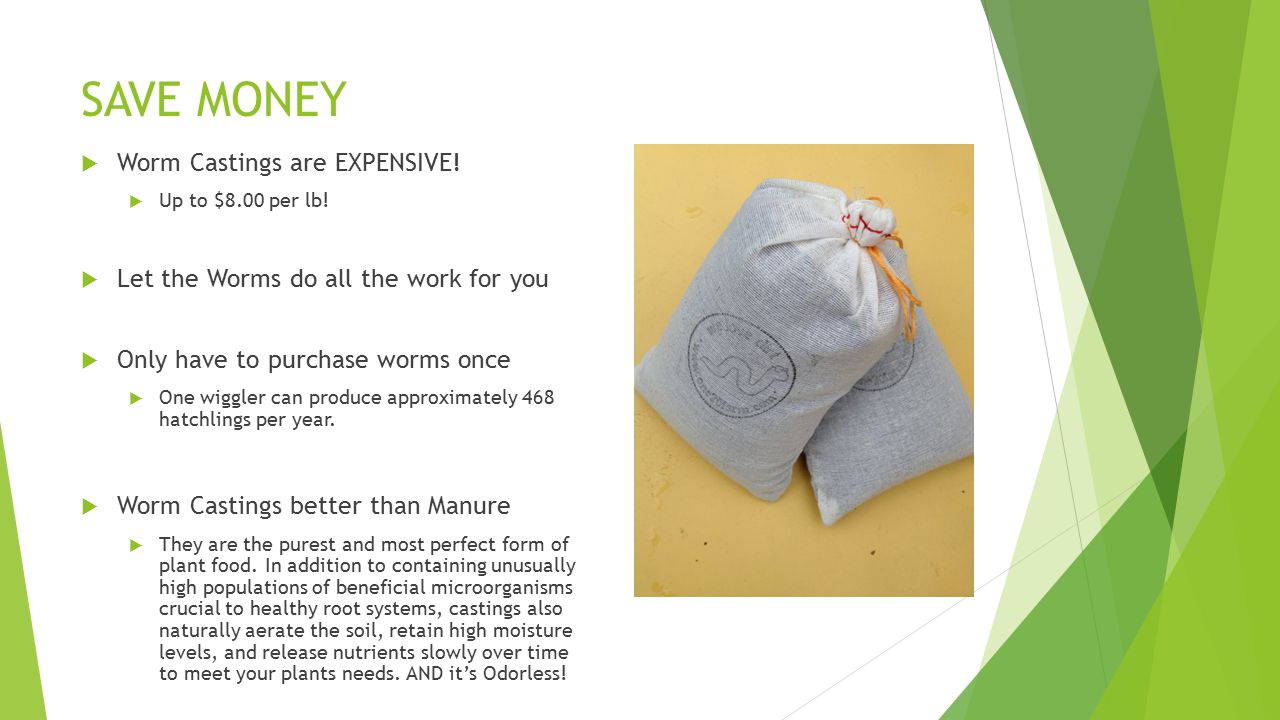 SAVE MONEY  Worm Castings are EXPENSIVE.  Up to $8.00 per lb.