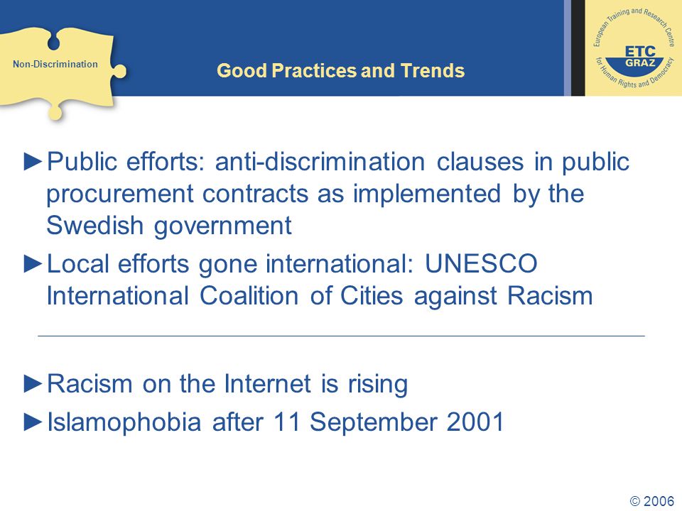© 2006 Good Practices and Trends ►Public efforts: anti-discrimination clauses in public procurement contracts as implemented by the Swedish government ►Local efforts gone international: UNESCO International Coalition of Cities against Racism ►Racism on the Internet is rising ►Islamophobia after 11 September 2001 Non-Discrimination
