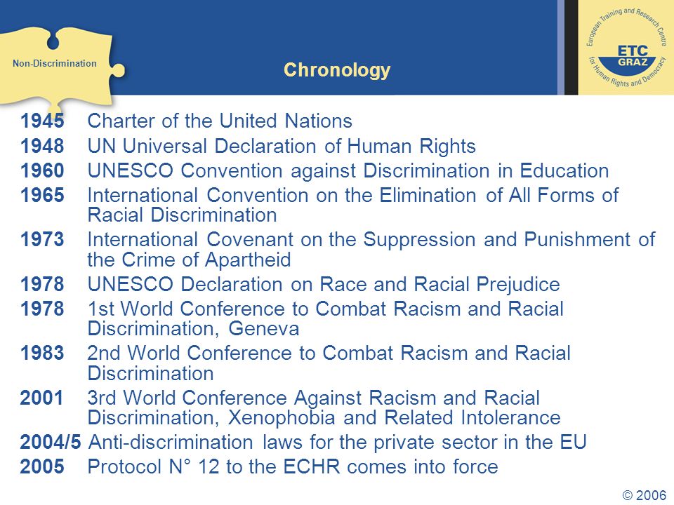 © 2006 Chronology 1945 Charter of the United Nations 1948 UN Universal Declaration of Human Rights 1960 UNESCO Convention against Discrimination in Education 1965 International Convention on the Elimination of All Forms of Racial Discrimination 1973 International Covenant on the Suppression and Punishment of the Crime of Apartheid 1978 UNESCO Declaration on Race and Racial Prejudice st World Conference to Combat Racism and Racial Discrimination, Geneva nd World Conference to Combat Racism and Racial Discrimination 20013rd World Conference Against Racism and Racial Discrimination, Xenophobia and Related Intolerance 2004/5 Anti-discrimination laws for the private sector in the EU 2005Protocol N° 12 to the ECHR comes into force Non-Discrimination
