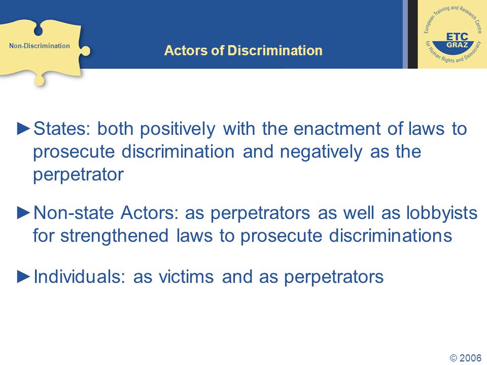 © 2006 Actors of Discrimination ►States: both positively with the enactment of laws to prosecute discrimination and negatively as the perpetrator ►Non-state Actors: as perpetrators as well as lobbyists for strengthened laws to prosecute discriminations ►Individuals: as victims and as perpetrators Non-Discrimination