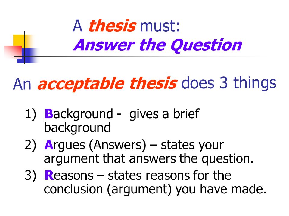A thesis must: Answer the Question 1) Background - gives a brief background 2) Argues (Answers) – states your argument that answers the question.