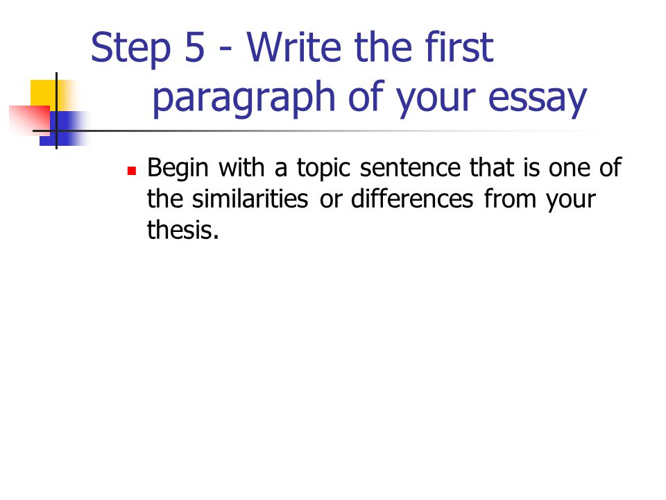 Step 5 - Write the first paragraph of your essay Begin with a topic sentence that is one of the similarities or differences from your thesis.