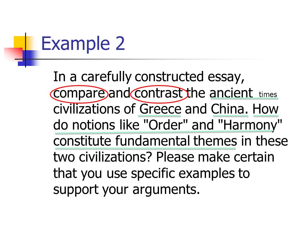 Example 2 In a carefully constructed essay, compare and contrast the ancient civilizations of Greece and China.