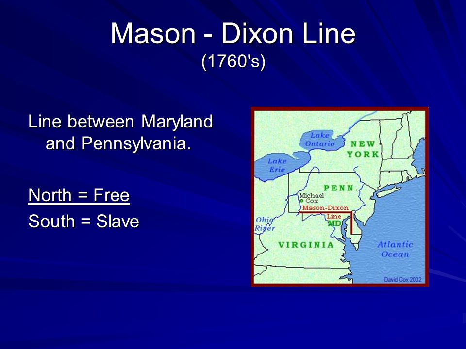 Line between Maryland and Pennsylvania. North = Free South = Slave