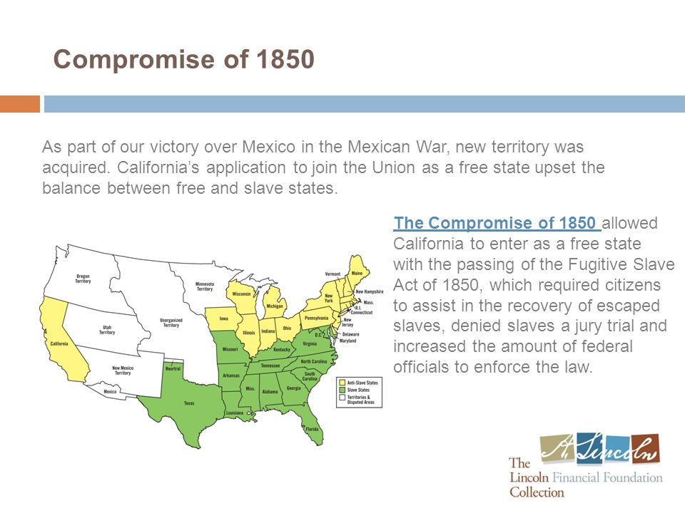 Compromise of 1850 As part of our victory over Mexico in the Mexican War, new territory was acquired.