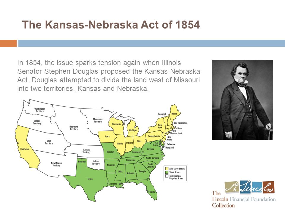 The Kansas-Nebraska Act of 1854 In 1854, the issue sparks tension again when Illinois Senator Stephen Douglas proposed the Kansas-Nebraska Act.