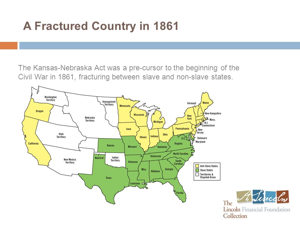 A Fractured Country in 1861 The Kansas-Nebraska Act was a pre-cursor to the beginning of the Civil War in 1861, fracturing between slave and non-slave states.