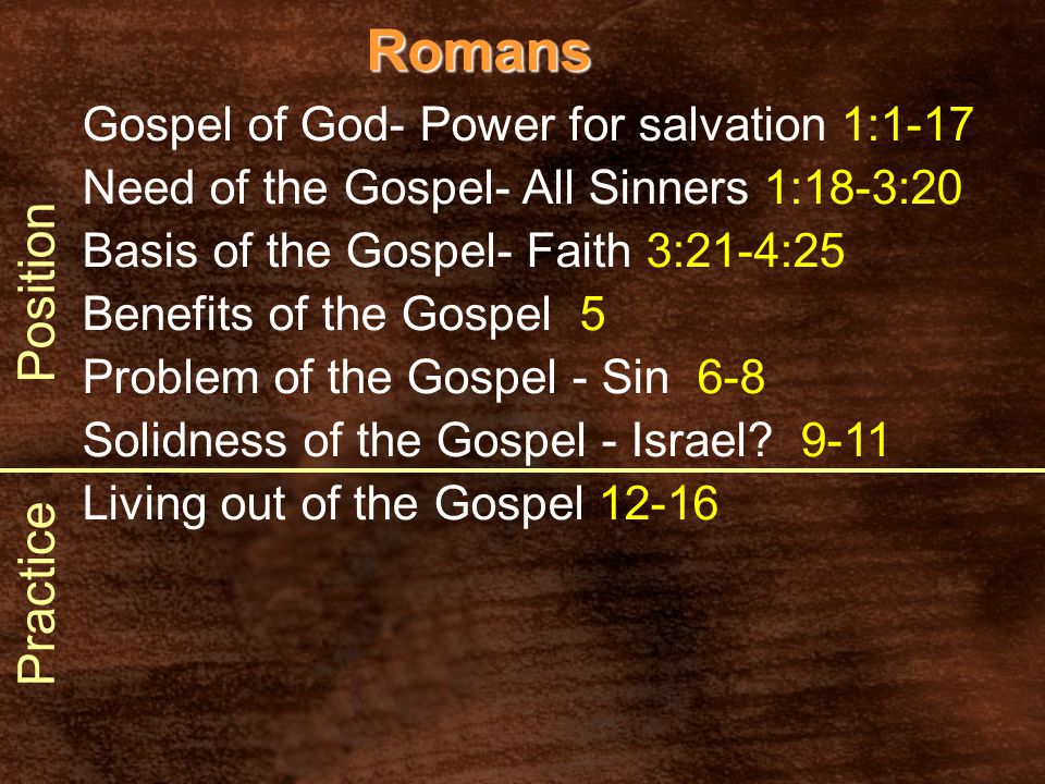 Romans Gospel of God- Power for salvation 1:1-17 Need of the Gospel- All Sinners 1:18-3:20 Basis of the Gospel- Faith 3:21-4:25 Benefits of the Gospel 5 Problem of the Gospel - Sin 6-8 Solidness of the Gospel - Israel.