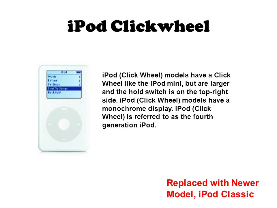iPod Clickwheel iPod (Click Wheel) models have a Click Wheel like the iPod mini, but are larger and the hold switch is on the top-right side.
