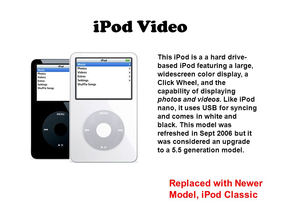 iPod Video This iPod is a a hard drive- based iPod featuring a large, widescreen color display, a Click Wheel, and the capability of displaying photos and videos.