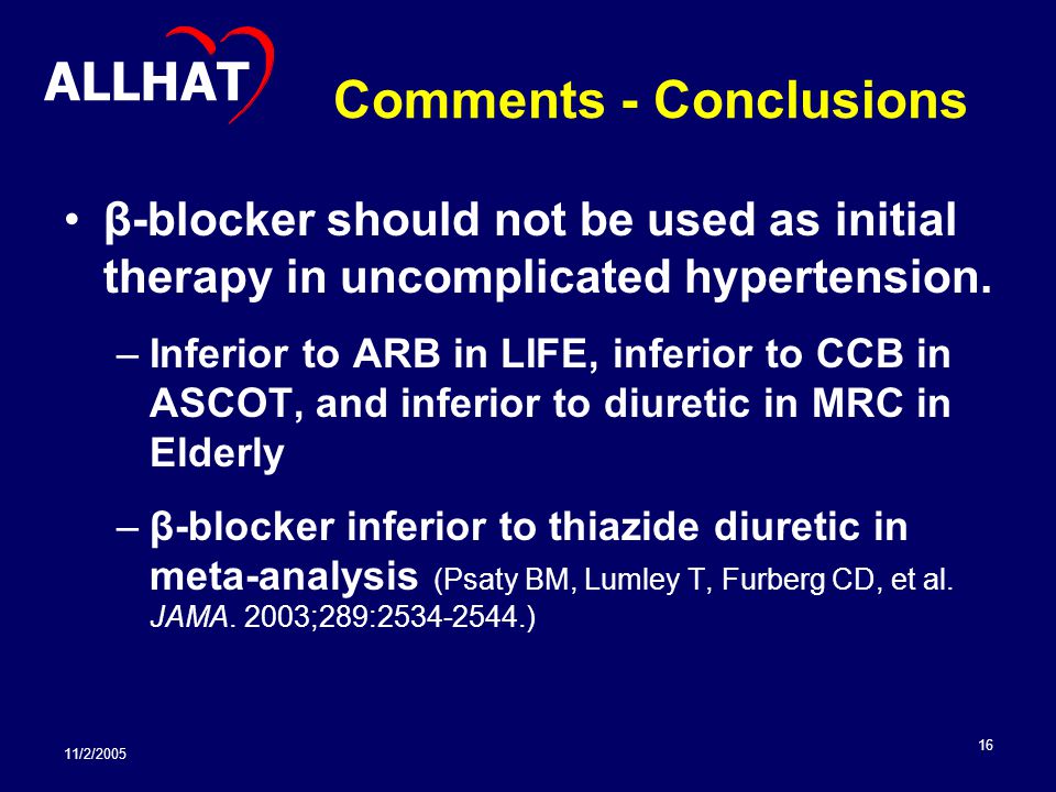 11/2/ Comments - Conclusions β-blocker should not be used as initial therapy in uncomplicated hypertension.