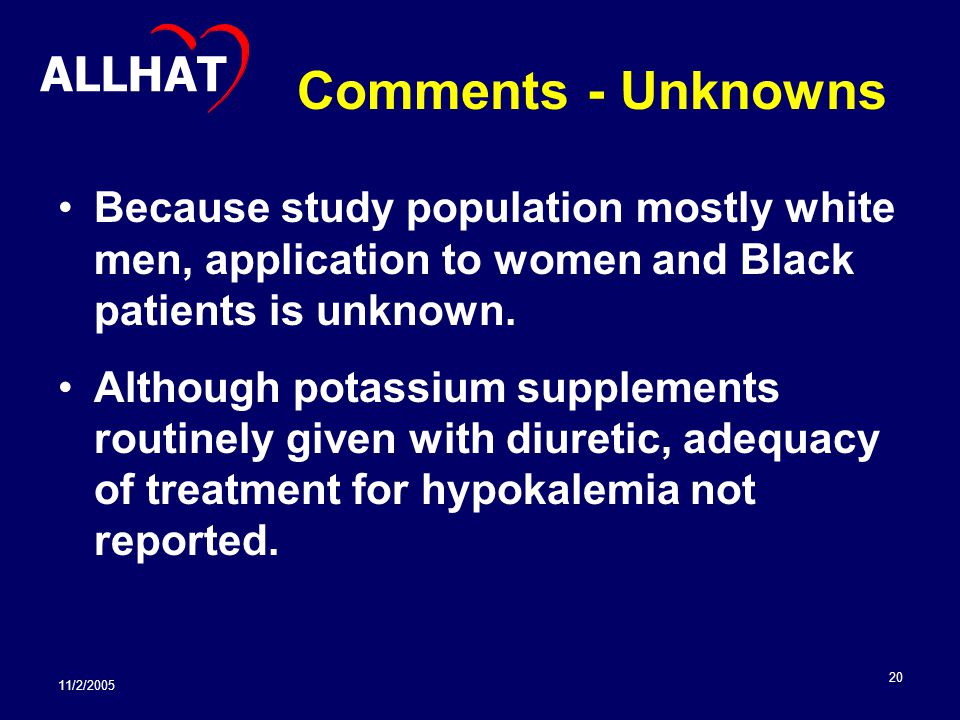 11/2/ Comments - Unknowns Because study population mostly white men, application to women and Black patients is unknown.